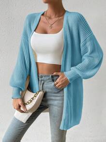 Chiquease Solid Color Casual Lantern Sleeve Knitted Cardigan, Autumn/Winter - Mint Blue - View 5