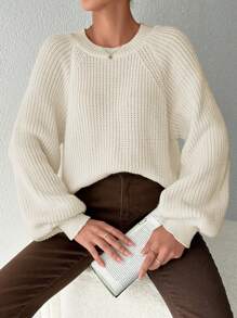 EURMUSE Plus Raglan Sleeve Ribbed Knit Sweater, For Winter - White - View 4