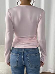 Calvaya Asymmetrical Ruched V-Neck Cinched Waist Fitted Long Sleeve T-Shirt