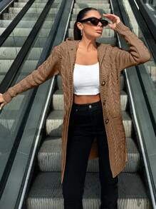 Women's Solid Color Long Sleeve Button Front Pocket Hoodie, Casual Daily Wear - Camel - View 5