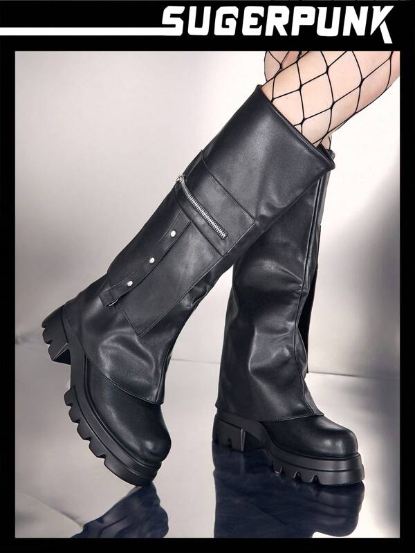 Sugerpunk Botas negras cómodas y a la moda con suela gruesa, puntera redonda, cremallera y botón decorativo, de dos capas con tela de PU para mujer, para el otoño