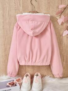 SHEIN Girls Short Kangaroo Pocket Hooded Jacket Outerwear, Warm & Ribbed Texture, For Big Tween Girl