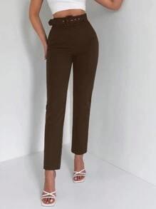 EURMUSE Women Solid Color Belted Simple Casual Pants - Brown - View 1