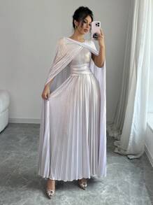 Selianne 女士亮片褶皱连衣裙搭配斗篷长款女士服装 - 銀色 - 查看 4