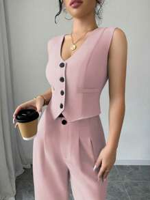 Conjunto de chaleco sin mangas y pantalones - Rosa Pálido - Ver 4