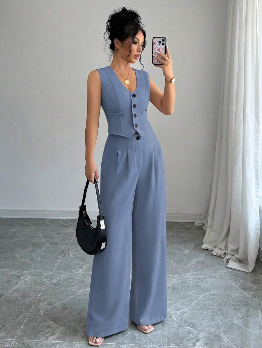 Selianne Conjunto de mujer con chaleco y pantalones palazzo de unicolor informal - Azul - Ver 1