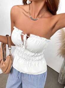 INAWLY Women's Summer Solid Color Frill Trim Tube Top - White - View 7