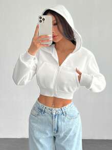 SHEIN PETITE Jachetă minimalistă cu glugă pentru femei, cu fermoar în față, cu mânecă lungă, buzunare, îmbrăcăminte zilnică ocazională, topuri cu mânecă lungă
