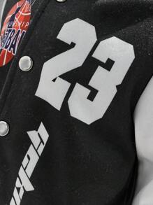 SHEIN 长袖罗纹拼接篮球夹克，印有 23 和篮球 89 图案，时尚运动棒球夹克，印有个性化字母图案