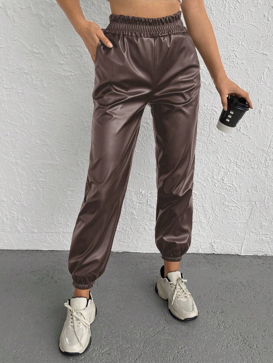 EURMUSE Solid Elastic Waist Slant Pockets Jogger Trousers - Chocolate Brown - View 1