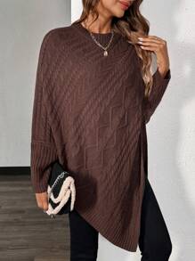 Chiquease 女士纯色圆领蝙蝠袖休闲套头毛衣，针织套头衫，秋冬款 - 咖啡棕 - 查看 5