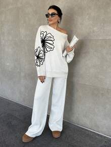 EURMUSE Women Solid Color Flower Pattern Round Neck Drop Shoulder Pullover & Sweater Pants Set - Beige - View 5