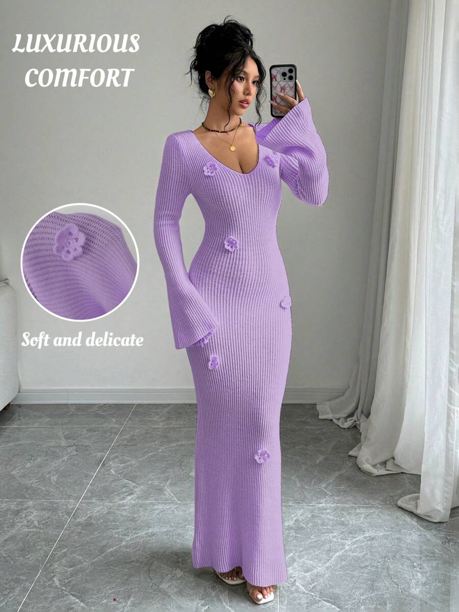 Elenzga 1 chiếc váy len dài tay thanh lịch cổ chữ V màu trơn họa tiết hoa cho nữ - Màu tím hoa cà - Xem 1