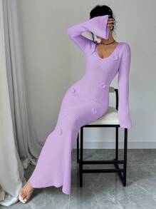 Elenzga 1 chiếc váy len dài tay thanh lịch cổ chữ V màu trơn họa tiết hoa cho nữ - Màu tím hoa cà - Xem 6