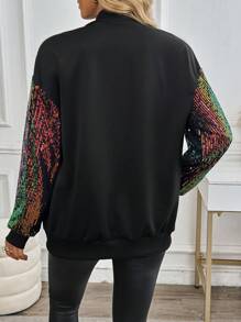 SHEIN LUNE 1 件女式休闲拼接亮片拉链前落肩宽松夹克，秋季 - 黑色 - 查看 2