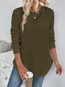 SHEIN LUNE 秋冬休闲圆领格子舒适运动衫，弧形下摆侧开衩设计 - 軍綠色 - 查看 6