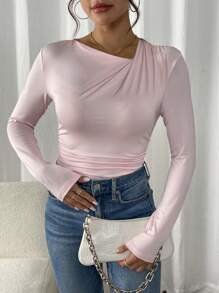 Calvaya Asymmetrical Ruched V-Neck Cinched Waist Fitted Long Sleeve T-Shirt