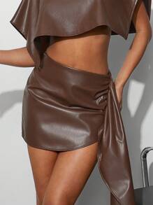 Hauture PU Asymmetric Ruched Skirt With Side Tie