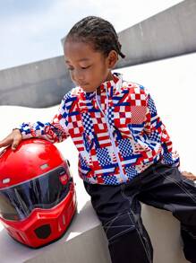 SHEIN Kurtka z kapturem w kratkę dla chłopca, wyścigowa, wiatrówka, swobodny strój sportowy do szkoły, na zewnątrz, na ulicę, na trening, do biegania