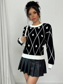 Chiquease Women Casual Daily Geometric Pattern Loose Knit Sweater, Autumn/Winter, Knit Pullover Fall - Black - View 3