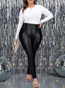 SHEIN Clasi Pantalones ajustados de talla grande de cintura alta con botones decorativos de unicolor, otoño/invierno - Negro - Ver 3