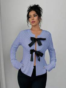 SHEIN Unity كارديجان قصير بأكمام طويلة للنساء مزين بفيونكة للخريف والشتاء - الأزرق - مشاهدة 5