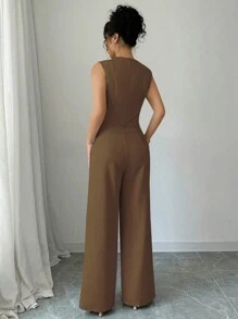 Selianne 2件組女款純色前扣無袖背心與長褲休閒套裝 - 棕色 - 查看 2