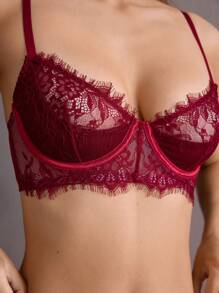 Charlaine Ladies Solid Color Lace Patchwork Spaghetti Strap Camisole And Bottom Lingerie Set - Burgundy - View 7