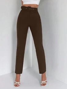 EURMUSE Women Solid Color Belted Simple Casual Pants - Brown - View 5