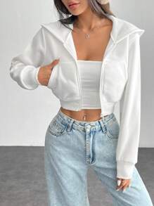 SHEIN PETITE Jachetă minimalistă cu glugă pentru femei, cu fermoar în față, cu mânecă lungă, buzunare, îmbrăcăminte zilnică ocazională, topuri cu mânecă lungă