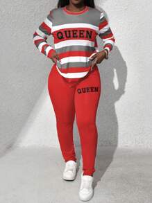 VaVaBold 2 件套修身女士套装，条纹圆领长袖上衣和长裤，秋季新年衣服 - 紅色 - 查看 3