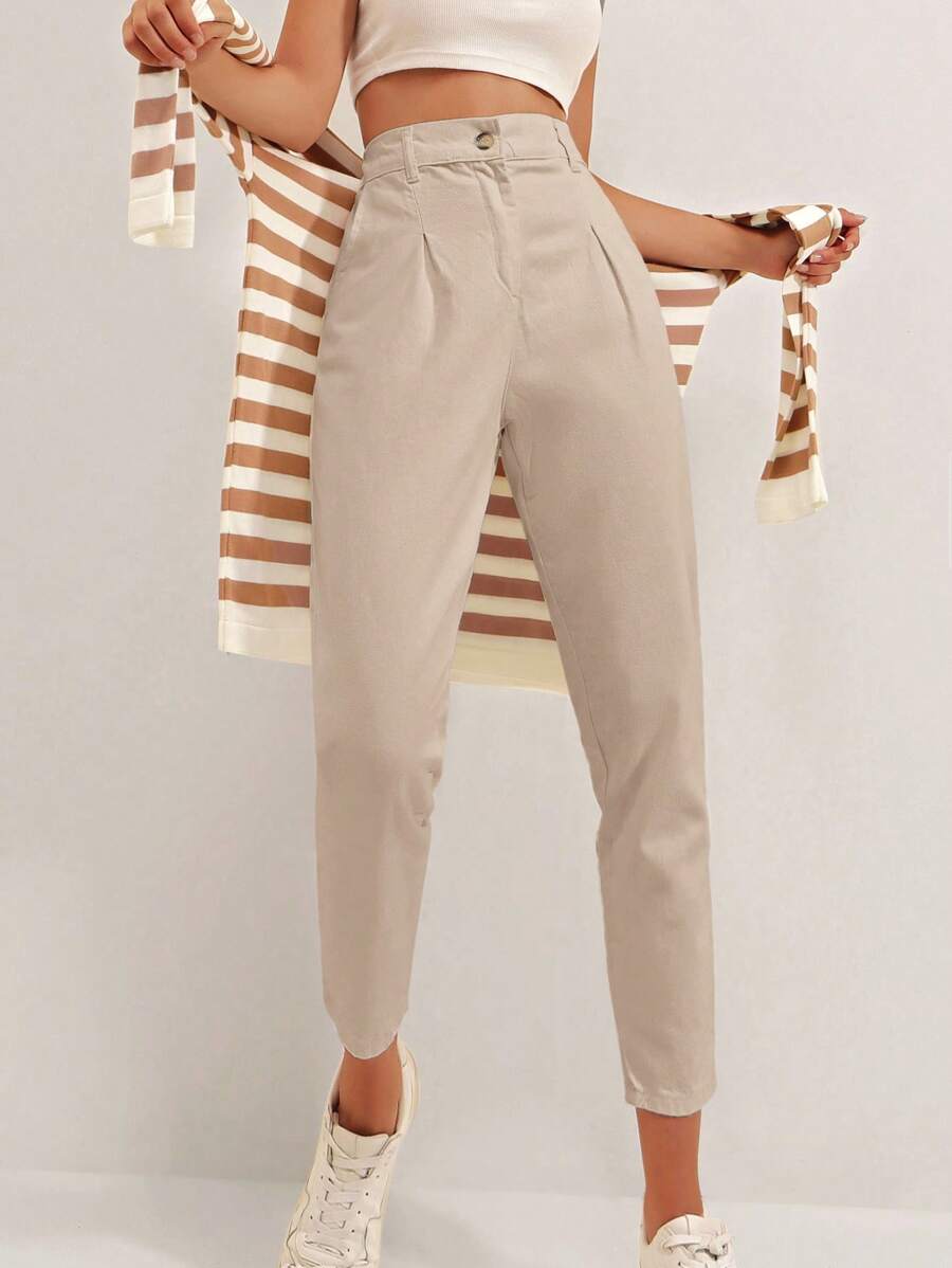 RueChic Pantalones De Cintura Alta De Color Sólido - Beis - Ver 1