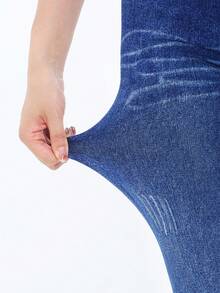 European American Fashion Simple Blue Denim Effect Elastic Waist Casual Leggings Soft Comfortable Fitness Running Sports Pants Yoga Home Exercise Outdoor Walking Skinny Cropped Tights