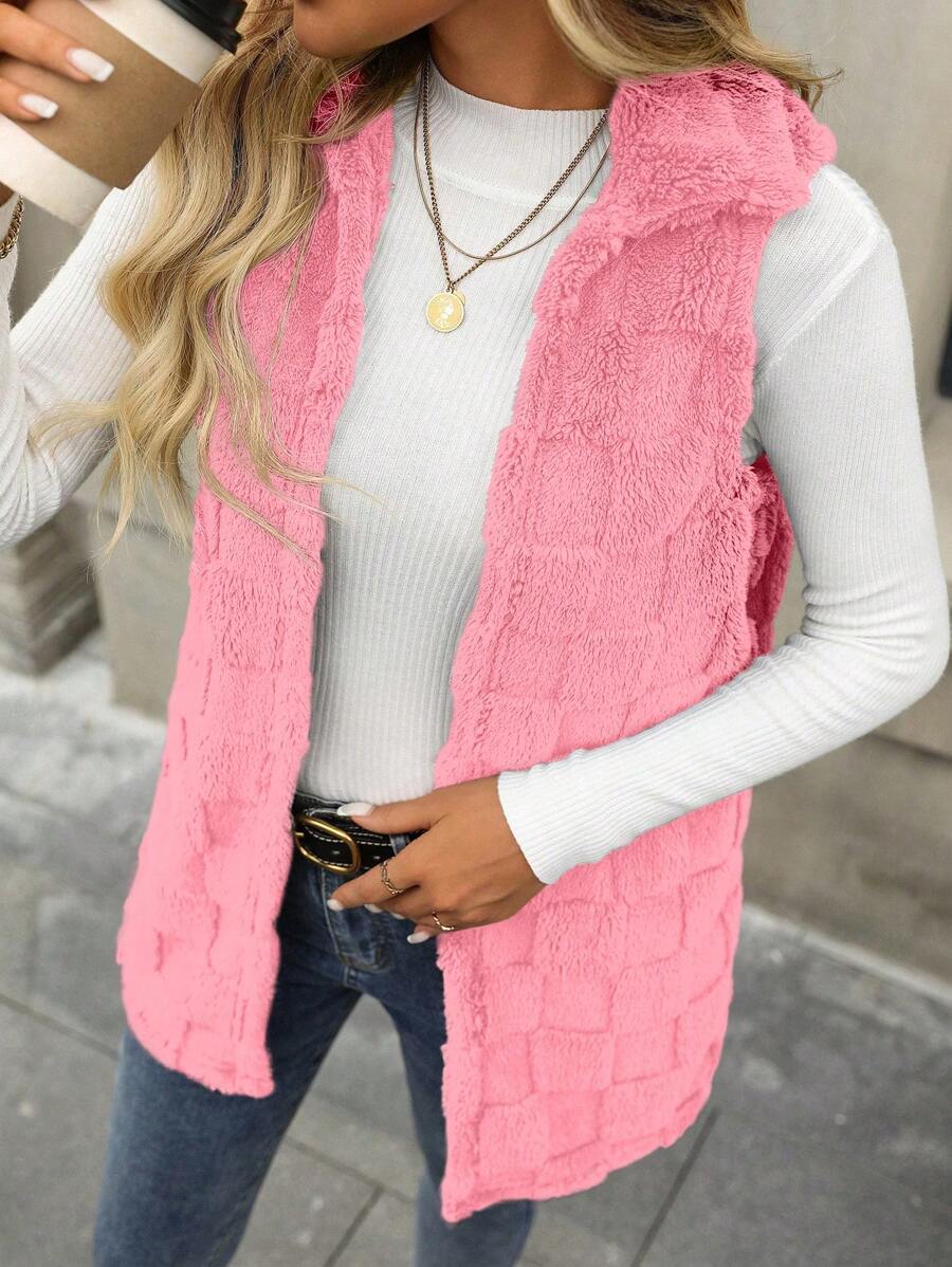 SHEIN LUNE Women Casual Commuting Fashion Fluffy Diamond-Patterned Sleeveless Mid-Length Vest Jacket - Pink - View 1
