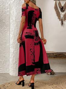 SHEIN Clasi Đầm Maxi hở vai cổ vuông tay ngắn họa tiết hoa đơn giản cho nữ, trang phục thường ngày màu đỏ tía cho nữ - Màu Đỏ Sâu - Xem 2