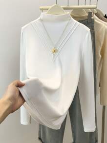 SHEIN LUNE 女士纯色立领长袖休闲宽松 T 恤，秋季 - 白色 - 查看 3