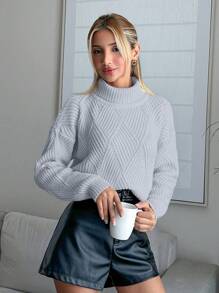 EURMUSE Women Solid Color Diamond Pattern Turtleneck Pullover - Light Grey - View 5
