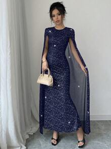 Elenzga 圆领亮片斗篷修身长裙超长女装 - 藏蓝色 - 查看 1