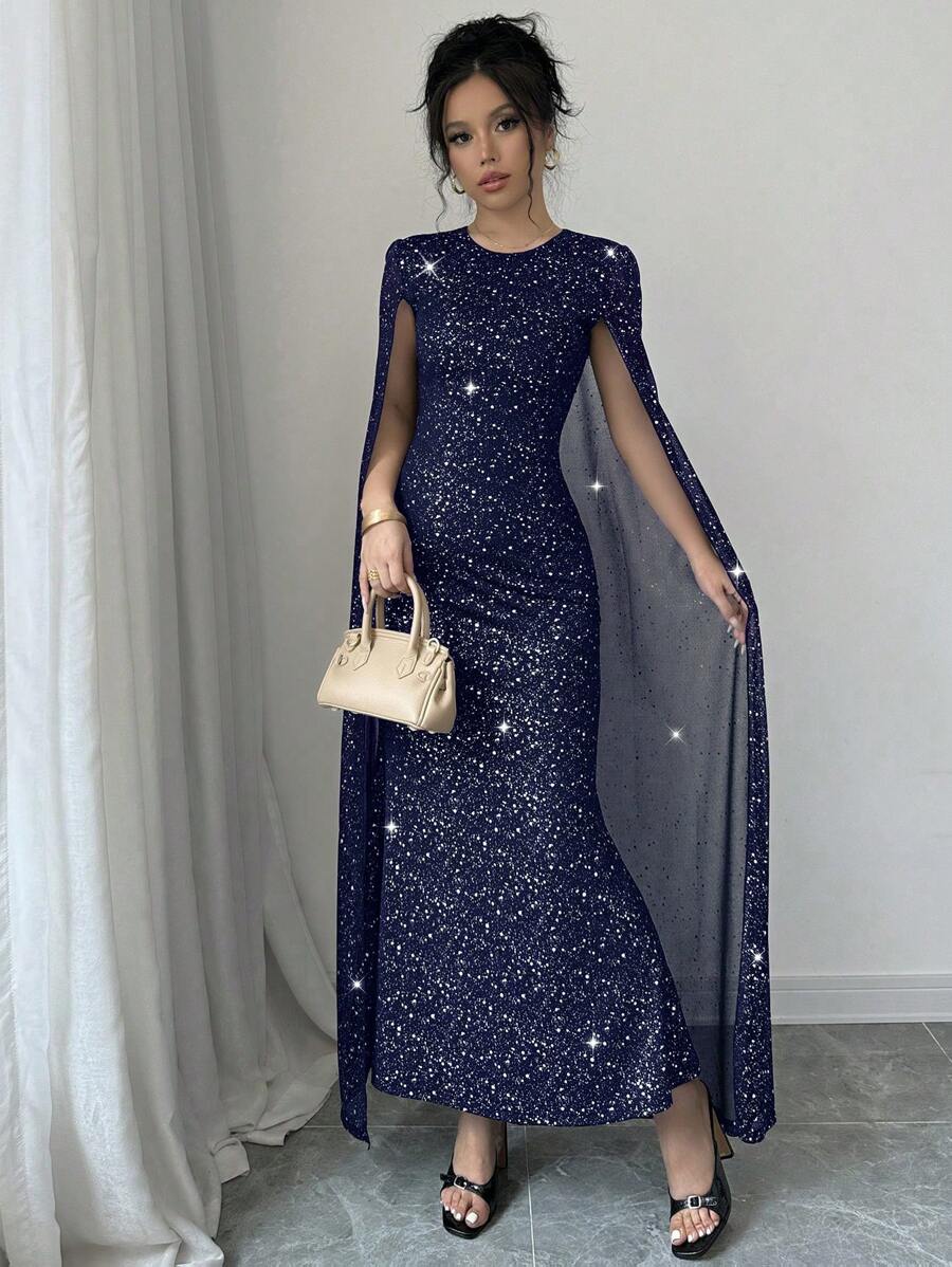 Elenzga 圆领亮片斗篷修身长裙超长女装 - 藏蓝色 - 查看 1