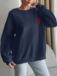 RueChic Red Heard Embroidered White Sweatshirt With Red Piping At Sleeves