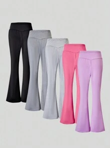 Tween Girls Wide Leg High Waist 5pcs/Set Fashionable Casual Uniform Modest Comfortable Versatile Flare Pants Autumn School Black Grey Pink Purple - Multicolor - View 2