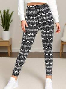Autumn/Winter European & American Christmas Women's Leggings, Black & White Reindeer Pattern Fleece Casual Pants, Holiday Reindeer Print High Stretch Skinny Workout Tight Pants For Fitness Squat Yoga Outdoor Travel Casual Walking, Ankle Length