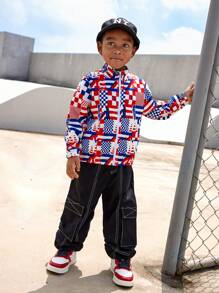 SHEIN Kurtka z kapturem w kratkę dla chłopca, wyścigowa, wiatrówka, swobodny strój sportowy do szkoły, na zewnątrz, na ulicę, na trening, do biegania