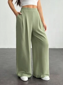 SHEIN PETITE Quần dài cơ bản đơn giản hàng ngày màu trơn dành cho nữ - xanh quân đội - Xem 6