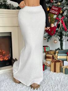 Muchica 1set Women Solid Color Elastic Waist Maxi Sweater Dress, Casual Daily Wear, Autumn/Winter - White - View 4