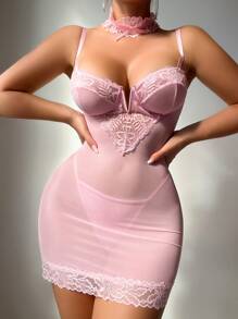 PetitDoll 3pcs Lace Splice Pink Sexy Nightgown Set For Going Out - Pink - View 4