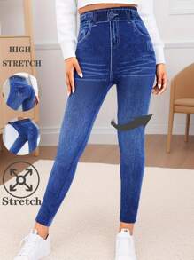 European American Fashion Simple Blue Denim Effect Elastic Waist Casual Leggings Soft Comfortable Fitness Running Sports Pants Yoga Home Exercise Outdoor Walking Skinny Cropped Tights