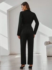 SHEIN Clasi Salopeta Neagra De Femei Cu Guler Capa Maneca Lunga Buzunar Salopeta Eleganta Pentru Naveta