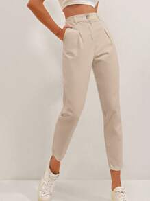 RueChic Pantalones De Cintura Alta De Color Sólido - Beis - Ver 3