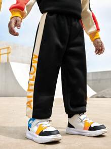 SHEIN Young Boy Colorblock Running Sports Comfort Simple Knit Pants - Black - View 5